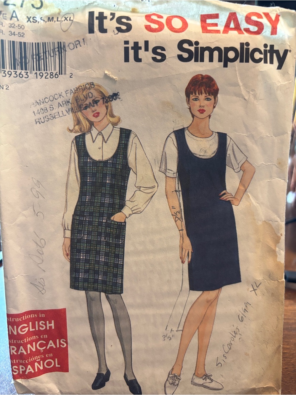 Simplicity Misses' Jumper Pattern Envelope — Cream & Black Text